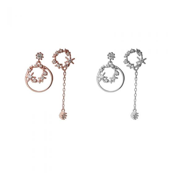 Asymmetric CZ Circles Rings 925 Sterling Silver Dangling Earrings