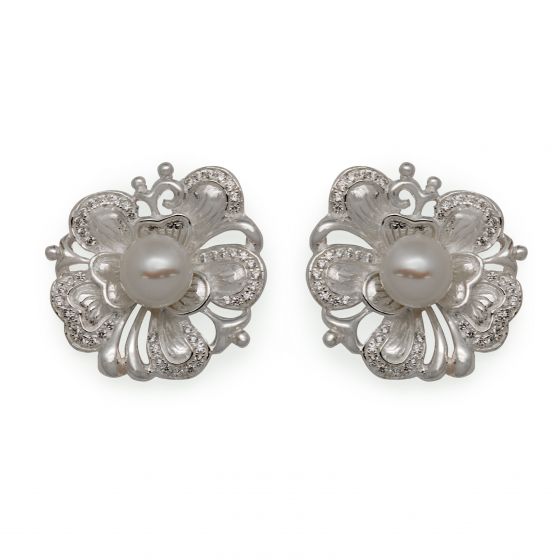 2016 Vogue Peony Flower 925 Sterling Silver Natural White Pearl Studs Earrings