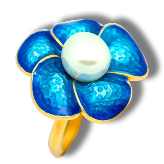Anillo ajustable de la perla blanca natural de la plata esterlina de la flor del esmalte azul 925