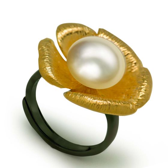 Золотой цветок Роза 925 стерлингов натуральный белый жемчуг регулируемое кольцо