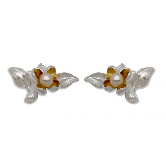 Spring Golden Flower Leaf 925 Sterling Silver Natural Pearl Studs Enamel Earrings