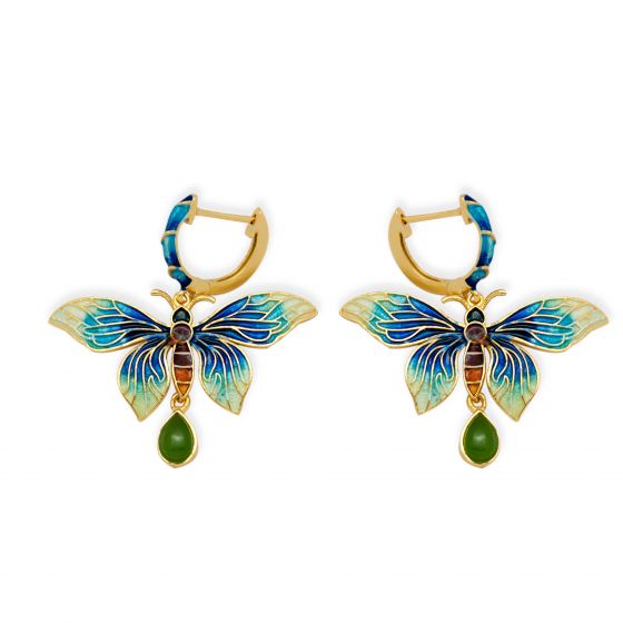 Blue Butterfly Vintage Handmade Enamel 925 Silver Green Jasper Studs Earrings