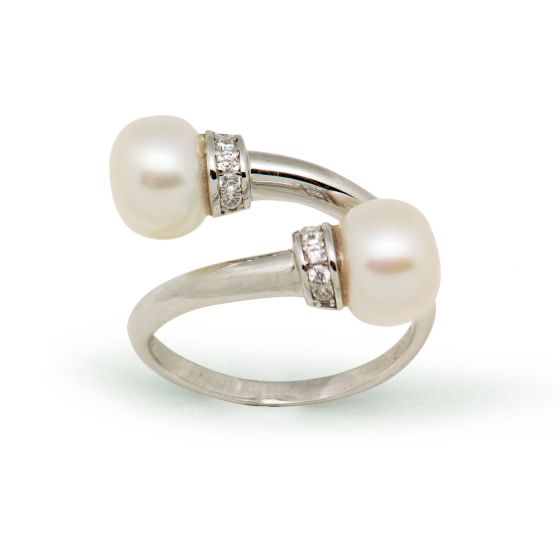 Simple doble media ronda natural perla blanca 925 anillo ajustable de plata esterlina