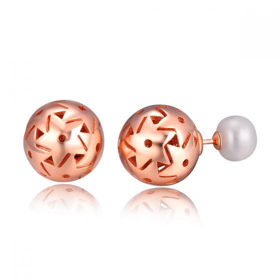 Star Round White Shell Pearl Rose Gold 925 Sterling Silver Studs Earrings