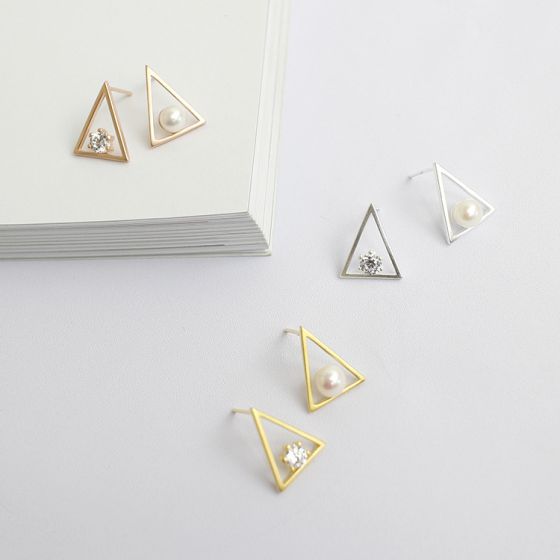 Triangle White CZ Natural Pearl 925 Sterling Silver Studs Asymmetry Earrings