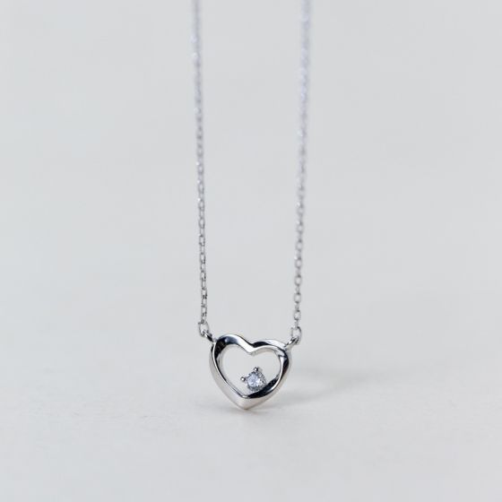 Simple Round White CZ 925 Sterling Silver Sweet Heart Love Necklace