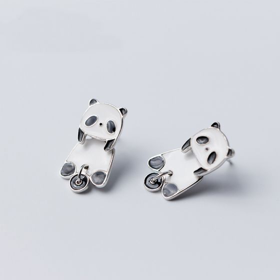 Boucles d'oreilles panda en argent sterling 925 avec émail