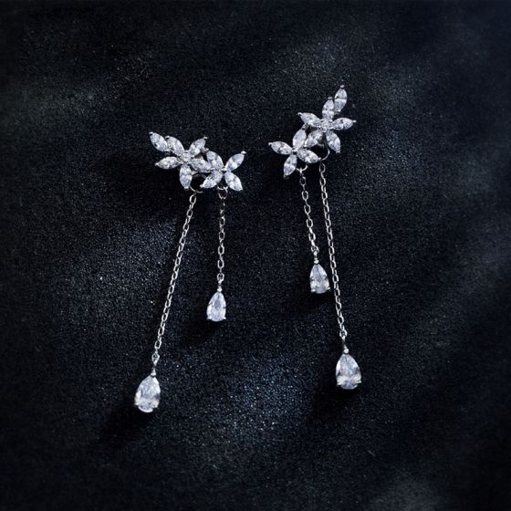 Beautiful CZ Flowers Tassel 925 Sterling Silver Dangling Earrings