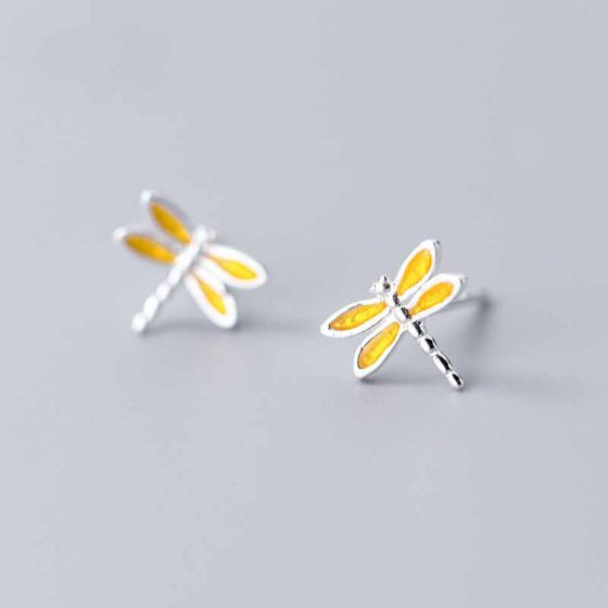 Cute Yellow Flying Dragonfly Insects 925 pendientes de plata esterlina