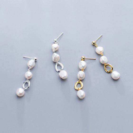 Irregular Created Pearl 925 Sterling Silver Dangling Earrings