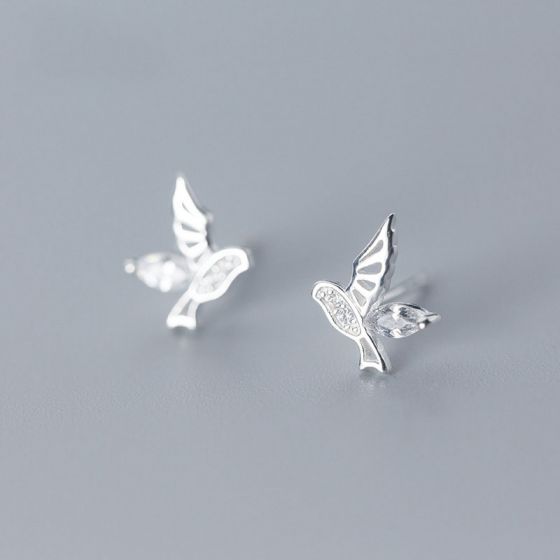 Cute Animal CZ Flying Bird 925 Sterling Silver Studs Earrings