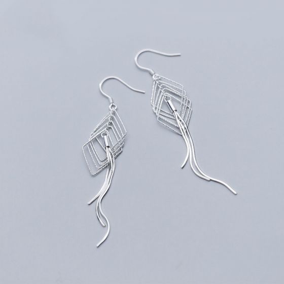 Holiday Hollow Rhombus Tassels 925 Sterling Silver Dangling Earrings