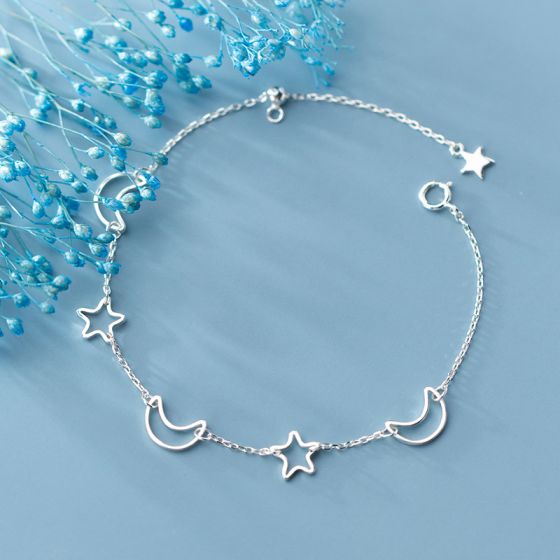 Casual Hollow Crescent Moon Stars 925 Sterling Silver Bracelet