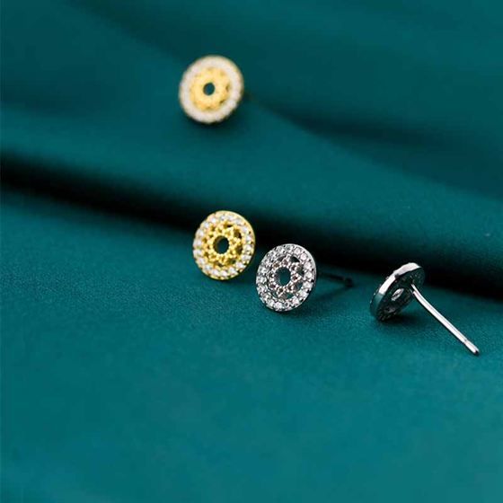 Friend's CZ Hollow Star Round Button 925 Sterling Silver Stud Earrings