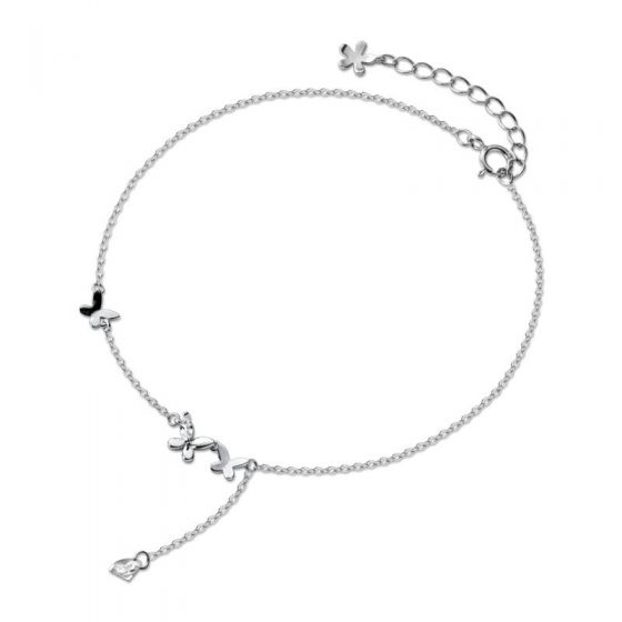 Girl Double Flowers Butterfly 925 Sterling Silver Anklet