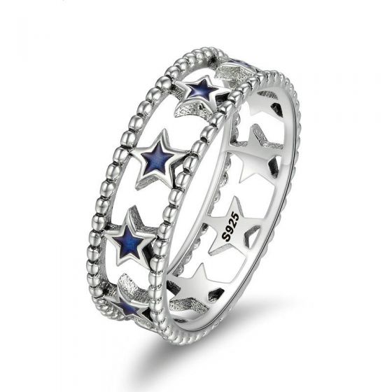 Fashion Blue Epoxy Stars 925 Silver Wide Ring