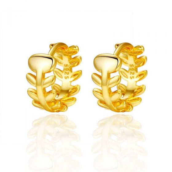 Modern Yellow Gold Leaves Branch 925 Sterling Silver Huggie Hoop Earrings