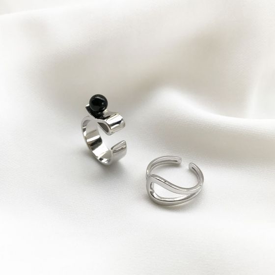 Simple Geometry Black Agate Hollow 925 Sterling Silver Adjustable Ring