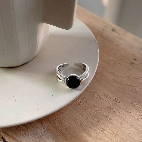 Vintage Round Black Agate 925 Sterling Silver Adjustable Ring