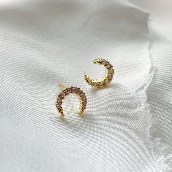 New CZ Crescent Moon 925 Sterling Silver Stud Earrings