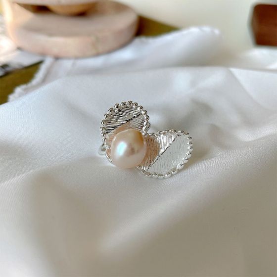 Elegant Irregular Natural Pearl Flower 925 Sterling Silver Adjustable Ring