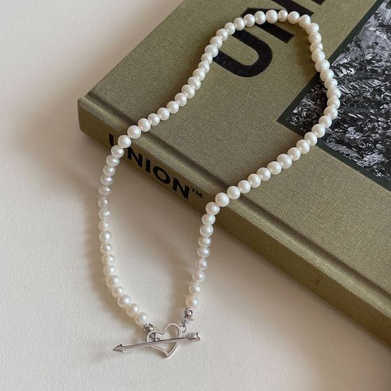 Collar de plata de ley 925 con perlas de concha de flecha de Cupido