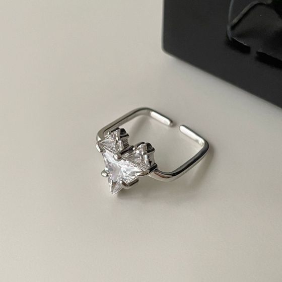 Women Big CZ Heart Love You 925 Sterling Silver Adjustable Ring