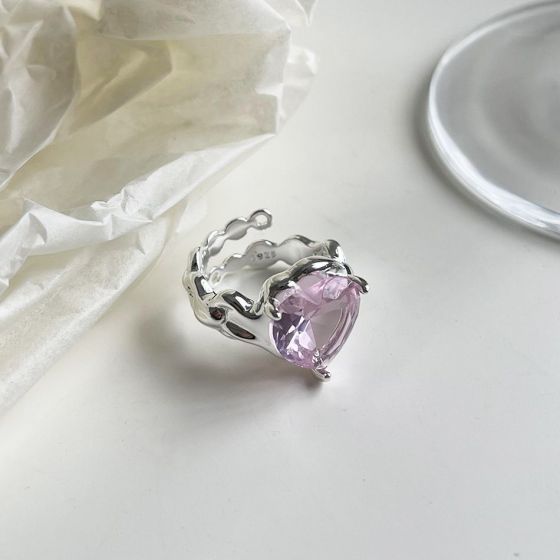 Party Purple CZ Heart 925 Sterling Silver Adjustable Ring