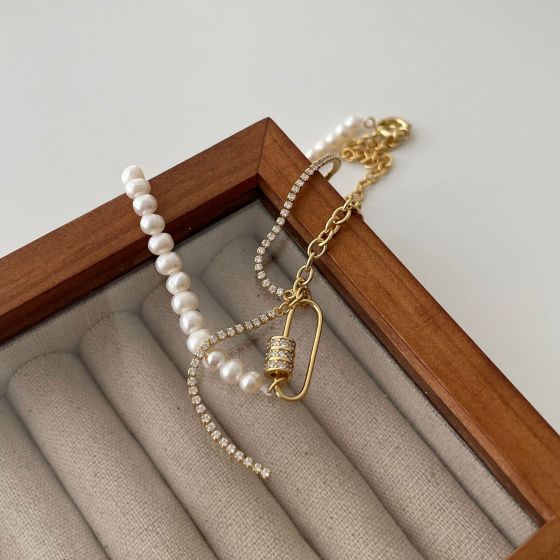 Collar de plata de ley 925 con cadena CZ de perlas naturales irregulares ocasionales