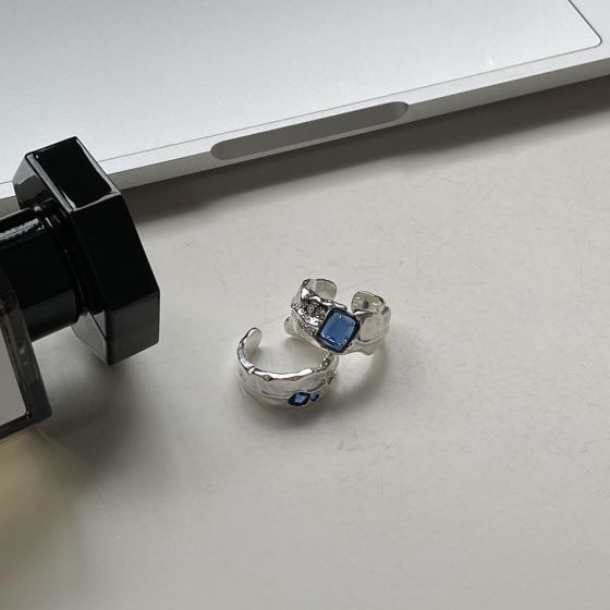 Office Blue Radiant CZ Irregular 925 Sterling Silver Adjustable Ring