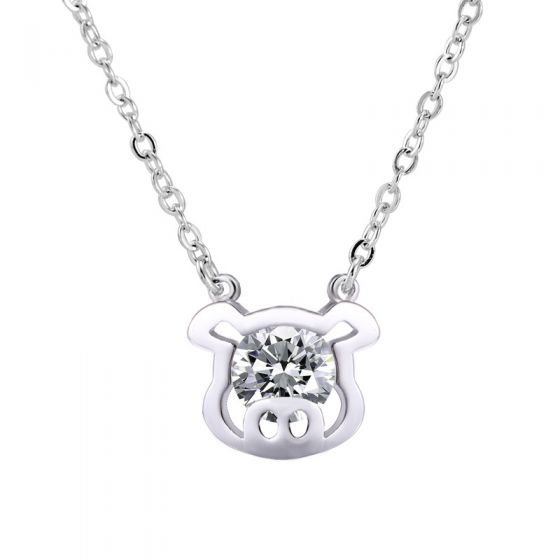 Cute CZ Pig Head Animal 925 Sterling Silver Necklace