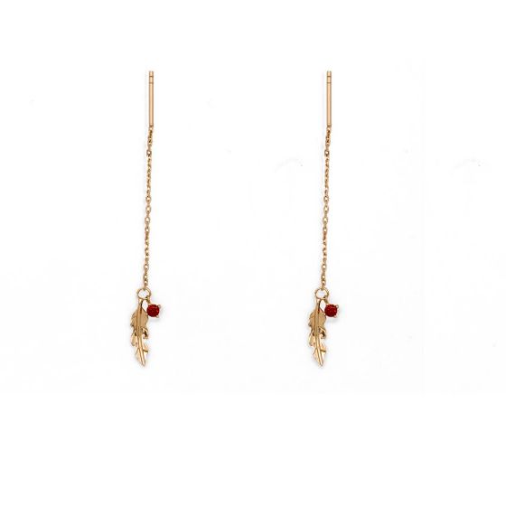 Fashion Rose Feather Red CZ 925 Sterling Silver Dangle Earrings
