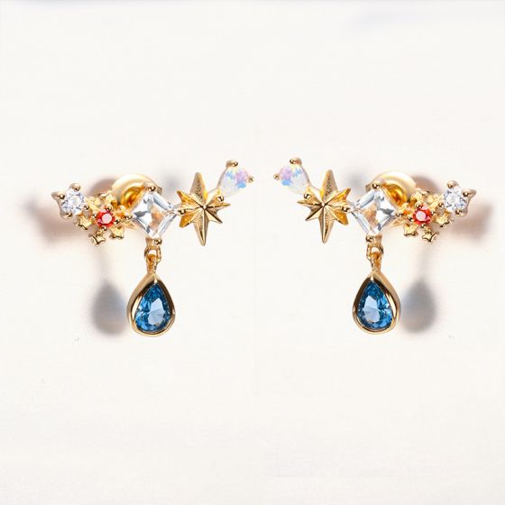 Modern Blue CZ Waterdrop Flower Star Solid 925 Sterling Silver Dangling Earrings