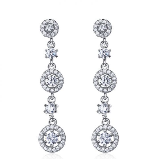 Elegant Geometry CZ Circles 925 Sterling Silver Dangling Earrings