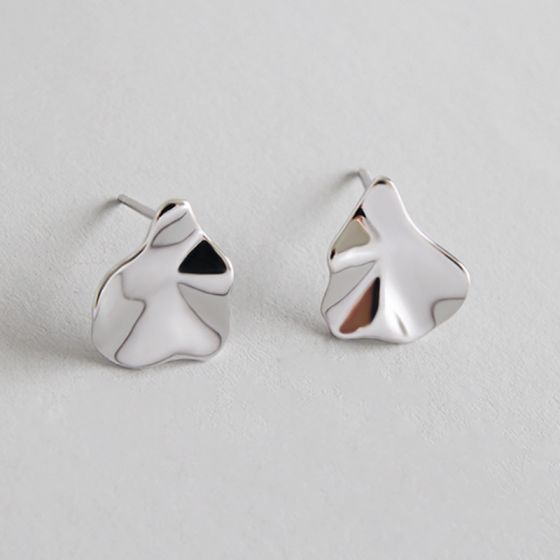 Simple Asymmetric Leaves 925 Sterling Silver Studs Earrings