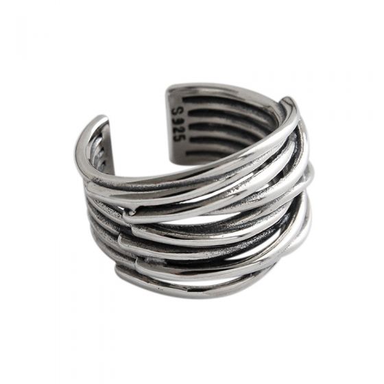Retro Multi Lines Twining 925 anillo ajustable de plata esterlina