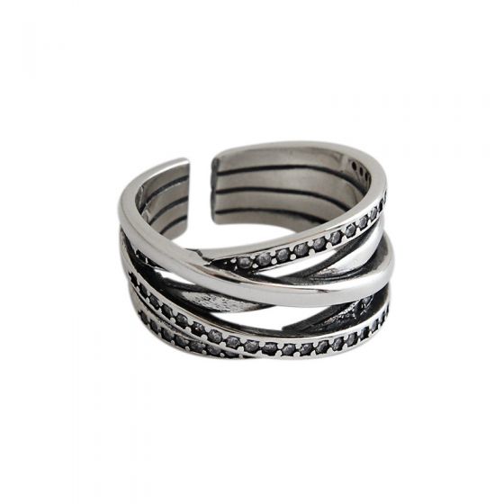 Retro CZ Multi Lines Cross 925 anillo ajustable de plata esterlina