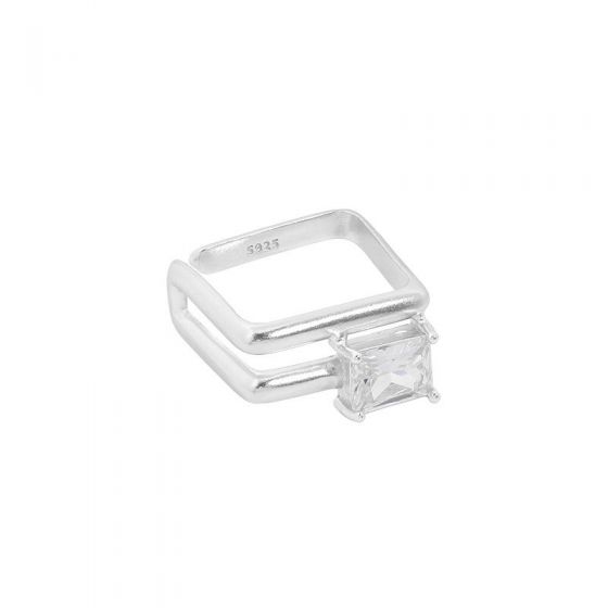 Geometry CZ Square Hollow Doule Layer 925 Sterling Silver Adjustable Ring