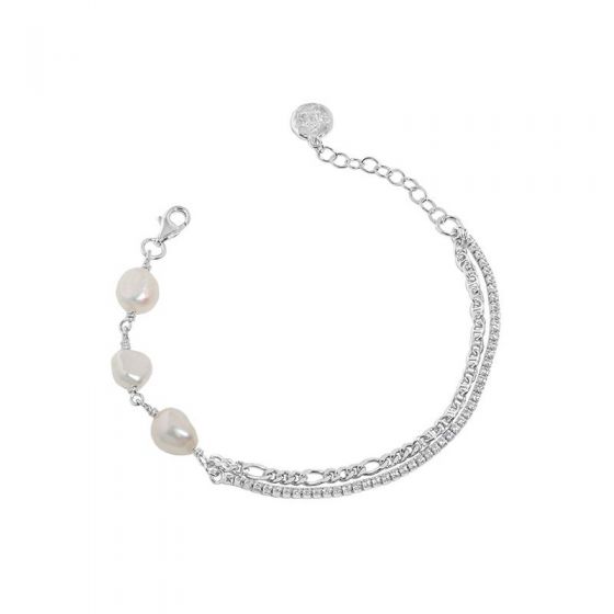 Pulsera de plata de ley 925 con perlas naturales de cadena hueca de doble capa irregular para niña