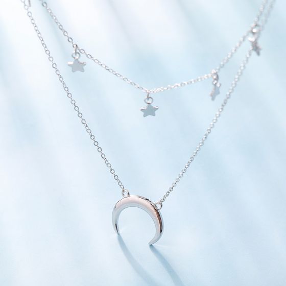 Ожерелье Fashion Crescent Moon Stars с двойным серебром 925 пробы
