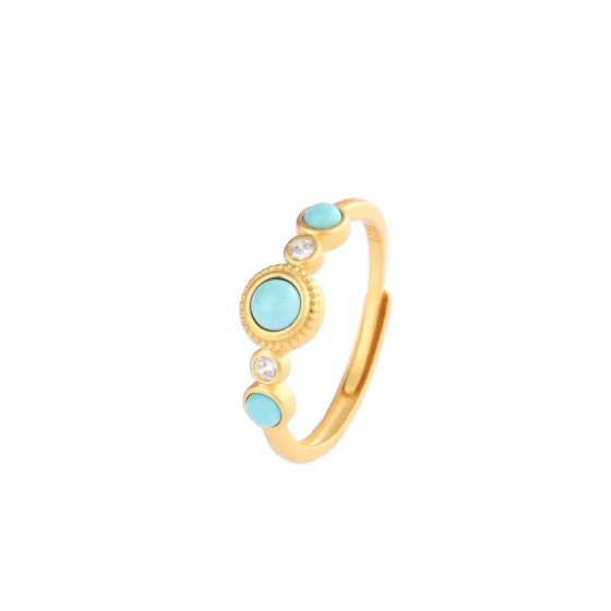 Girl Round Natural Turquoise Geometry CZ 925 Sterling Silver Adjustable Ring