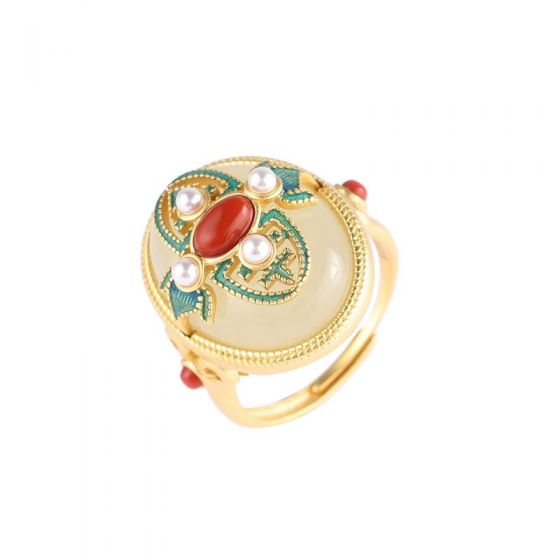 Hermoso anillo ajustable de plata de ley 925 con esmalte cloisonné ágata / nefrita / perla de concha