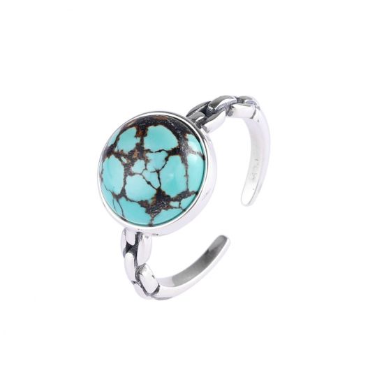 Vintage Round Natural Turquoise 925 Sterling Silver Adjustable Ring