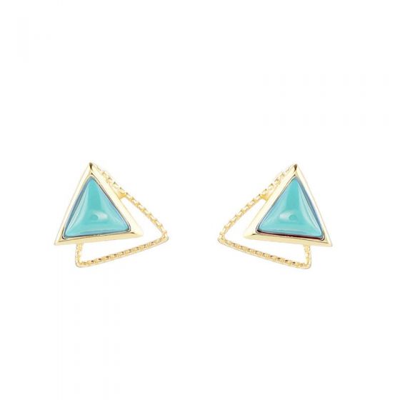 Geometry Natural Agate/Turquoise Double Triangle 925 Sterling Silver Stud Earrings