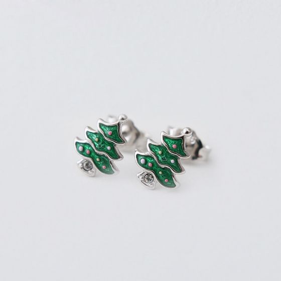 Green Enamel CZ Christmas Tree 925 Sterling Silver Studs Earrings
