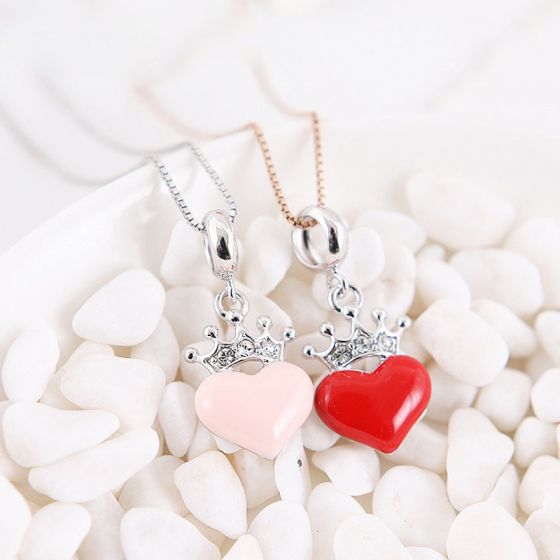 Red/Pink Enamel CZ Crown Heart 925 Silver Pendant