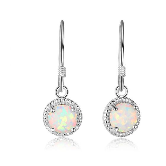 Classic Round Create Opal Lady 925 Sterling Sliver Dangling Earrings