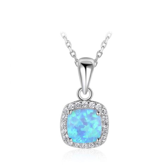 Simple Square Blue Created Opal 925 Silver CZ Necklace