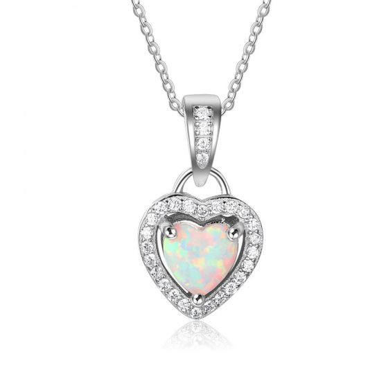 Cute White CZ Created Opal Heart 925 Sterling Silver CZ Necklace
