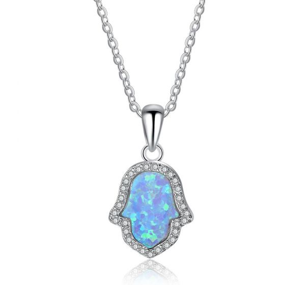Fashion Palm Blue Created Opal Sterling Silver Necklace